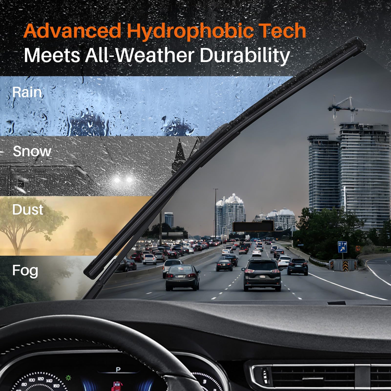 DOG TAIL lifestyle shot in rain, steady streak-free visibility while driving