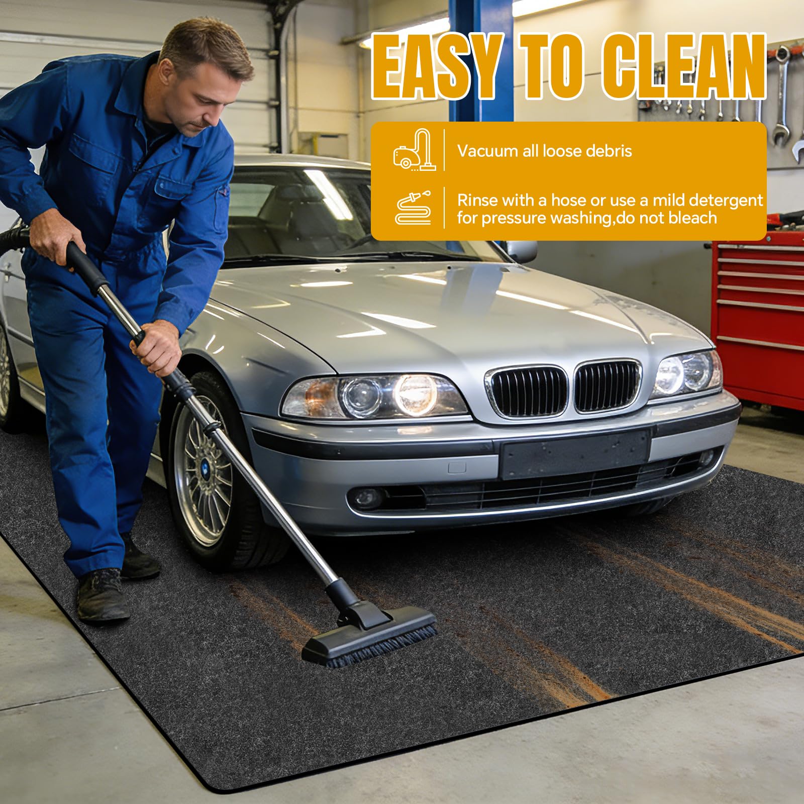 DOLZO mat placed under a parked car preventing oil stains