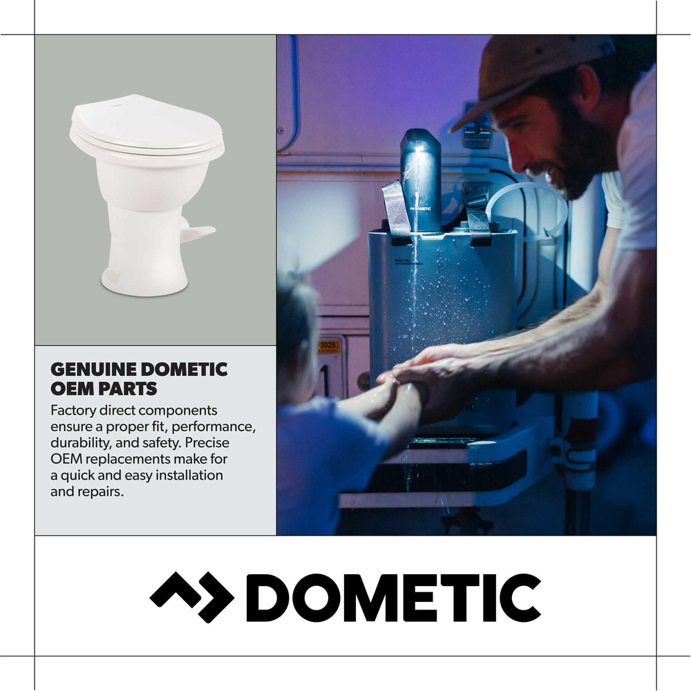 Dometic repaired RV bathroom with toilet in use showing restored performance
