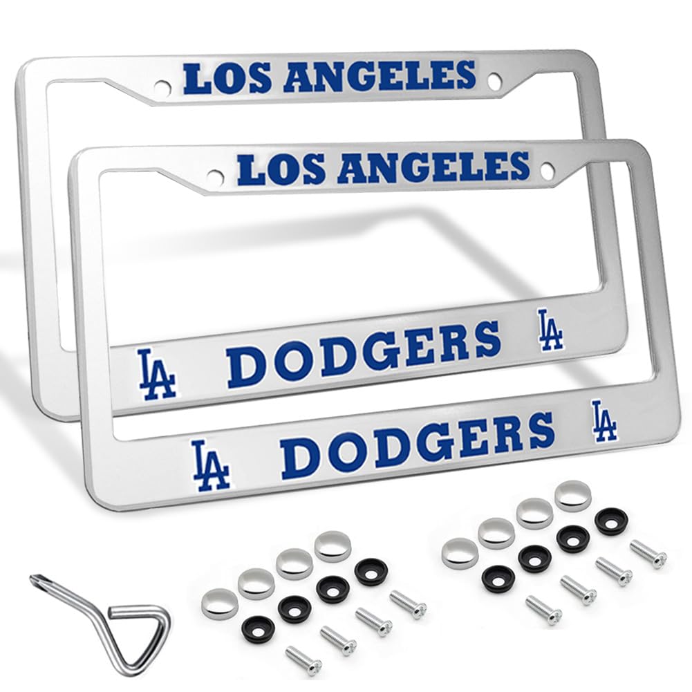 DorkTees silver frame front view showing clean Dodgers logo and polished finish benefits visibility