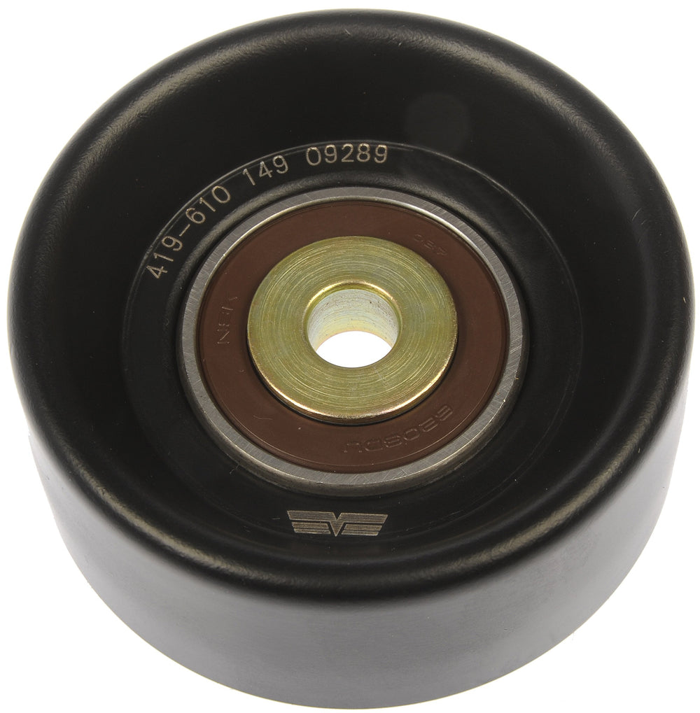 Dorman 419-610 front view pulley showing steel finish and durable design benefit: reliable belt alignment
