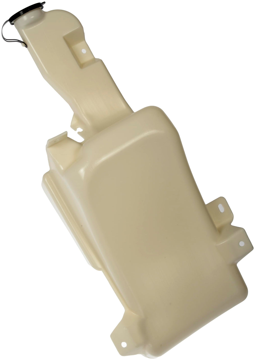 Dorman front washer reservoir front view showing mounting points and fill neck for dependable fit