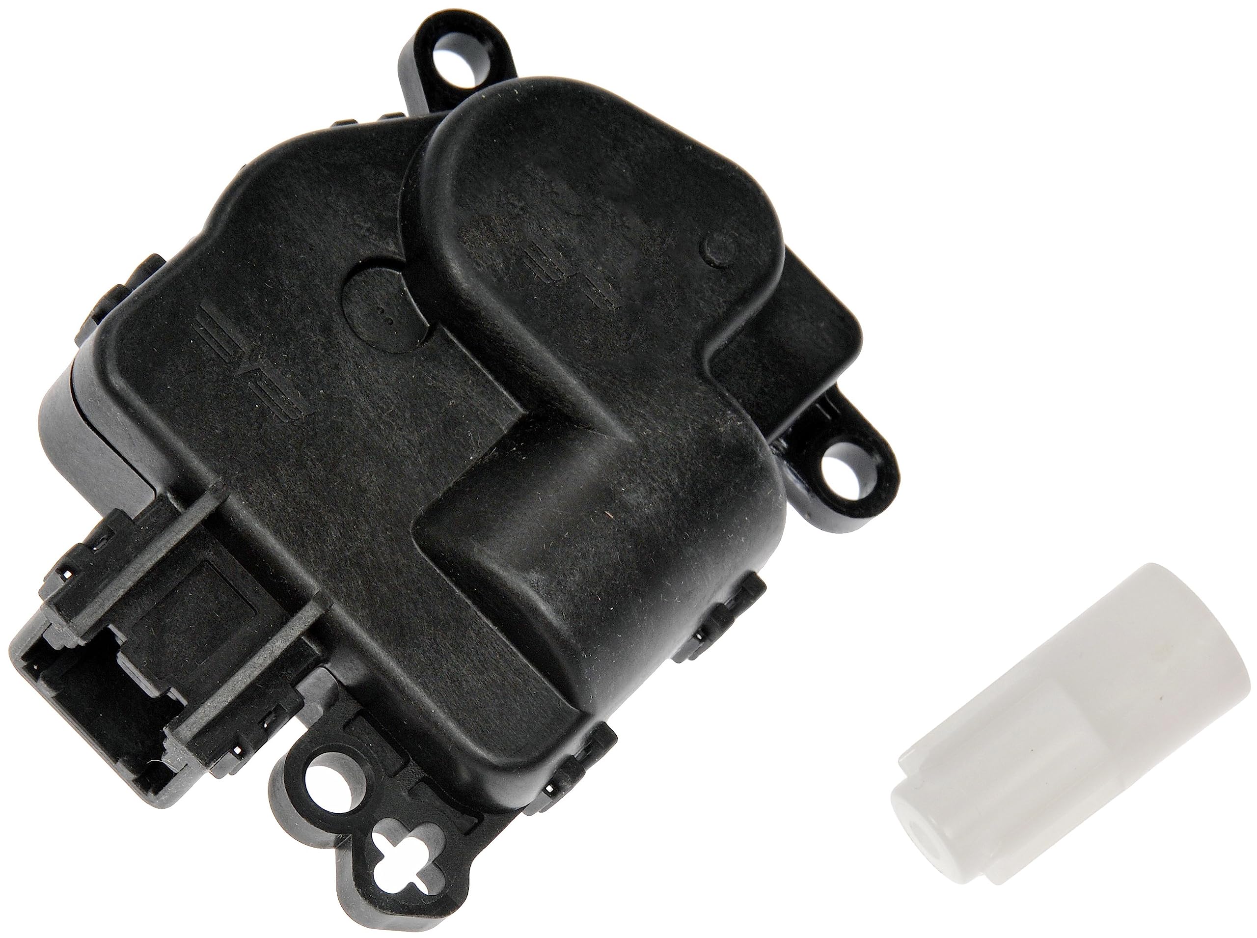 Dorman blend door actuator front view showing mounting points and benefit of correct fit