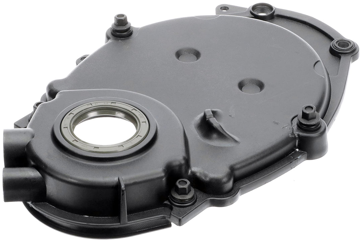Dorman 635-502 front view showing full timing cover and bolt locations for accurate fit
