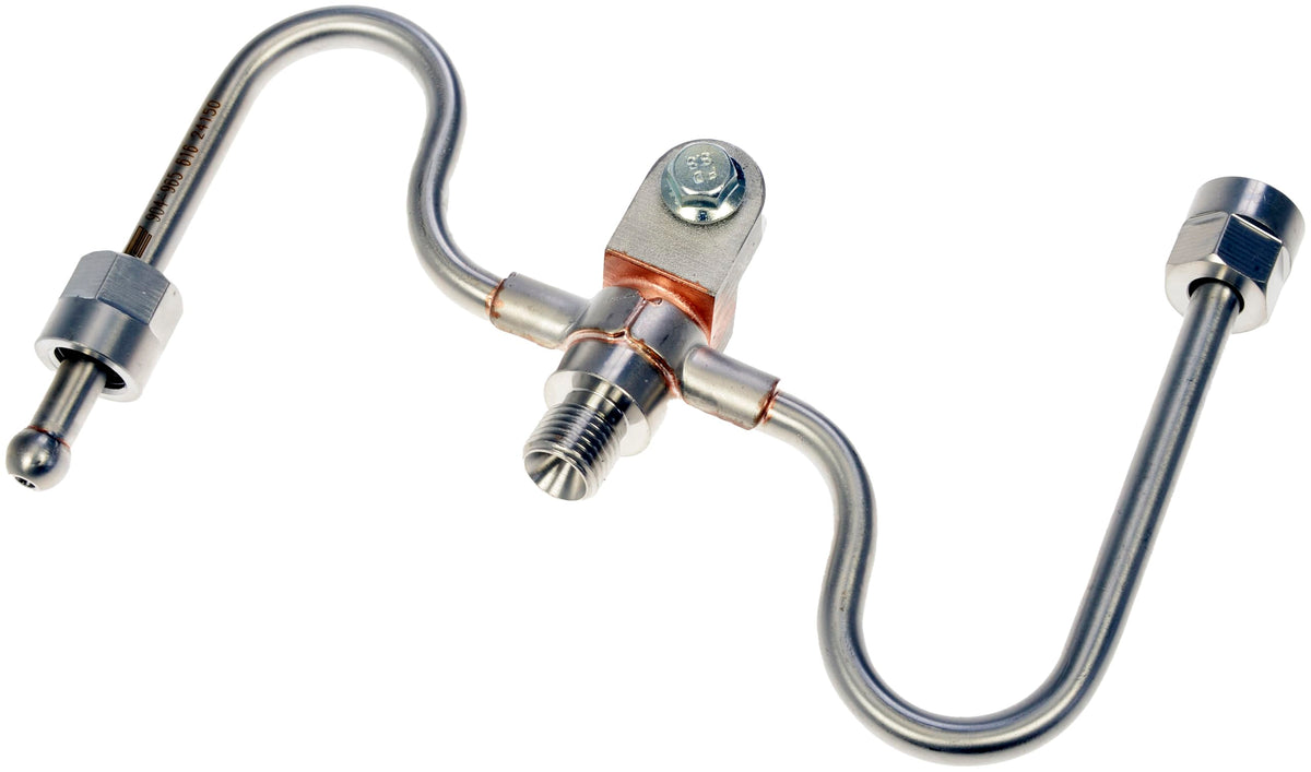 Dorman intermediate fuel injector line front view showing fit and mounting hardware for easy replacement
