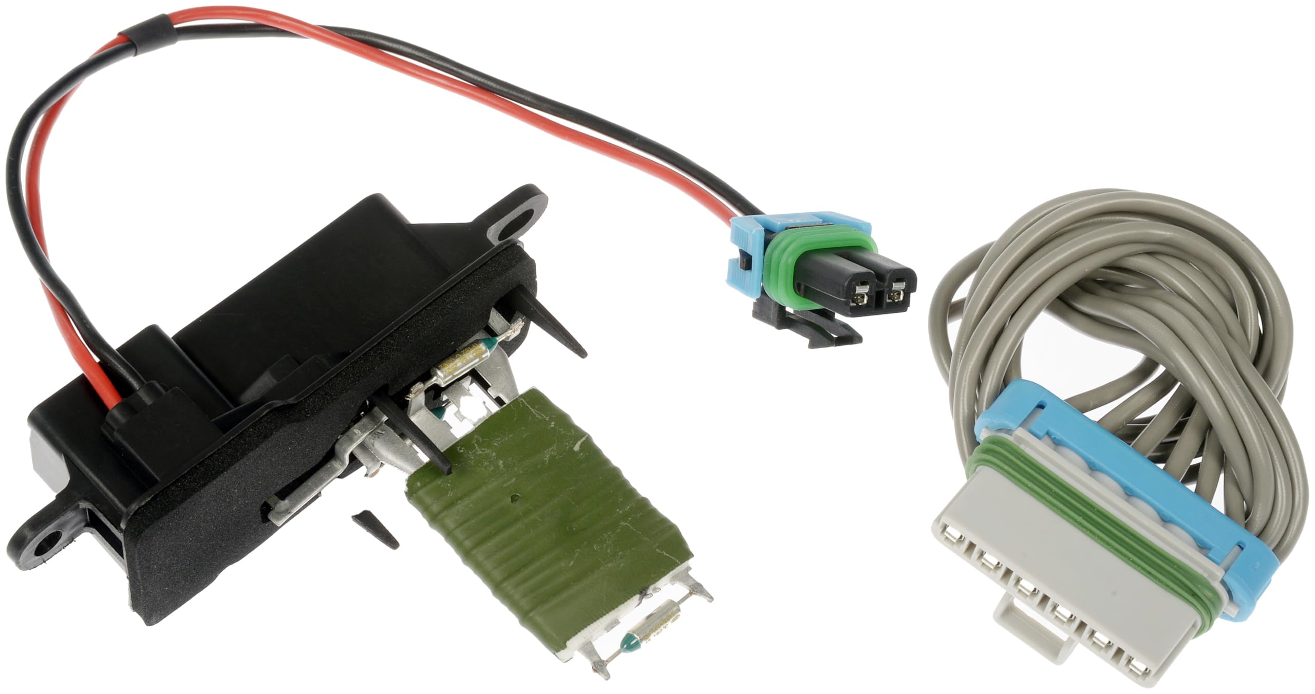 Dorman front blower resistor front view showing mounting points and benefit: easy replacement