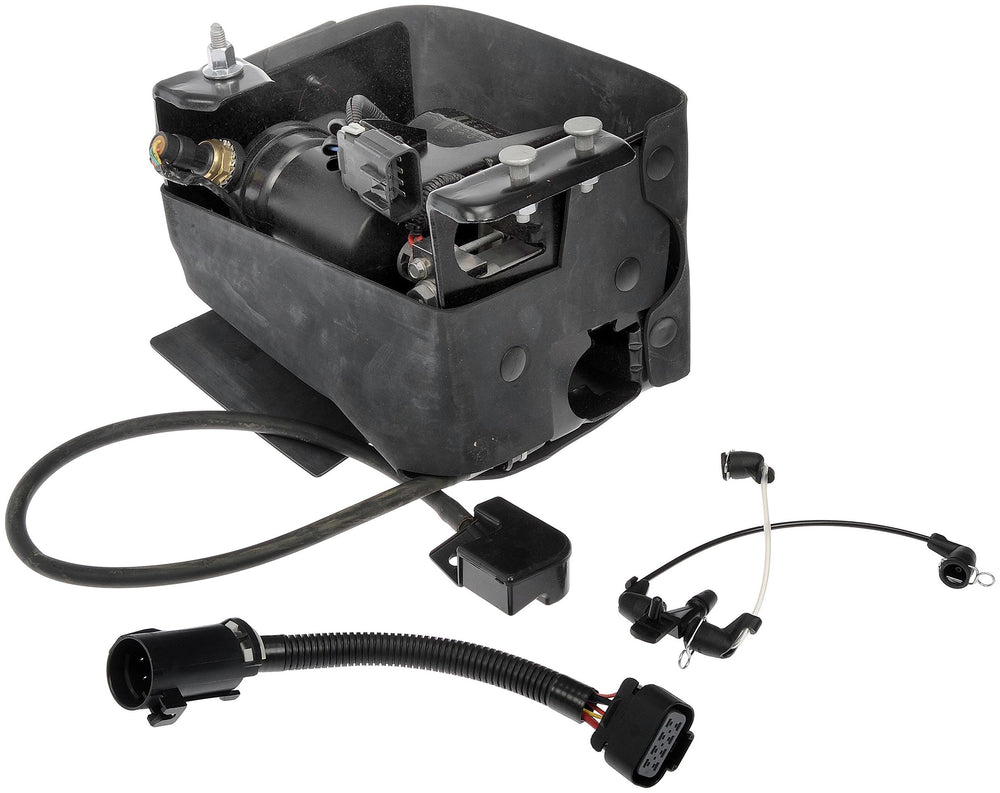 Dorman compressor front assembly showing mounting points and durable housing benefit: easy direct-fit installation