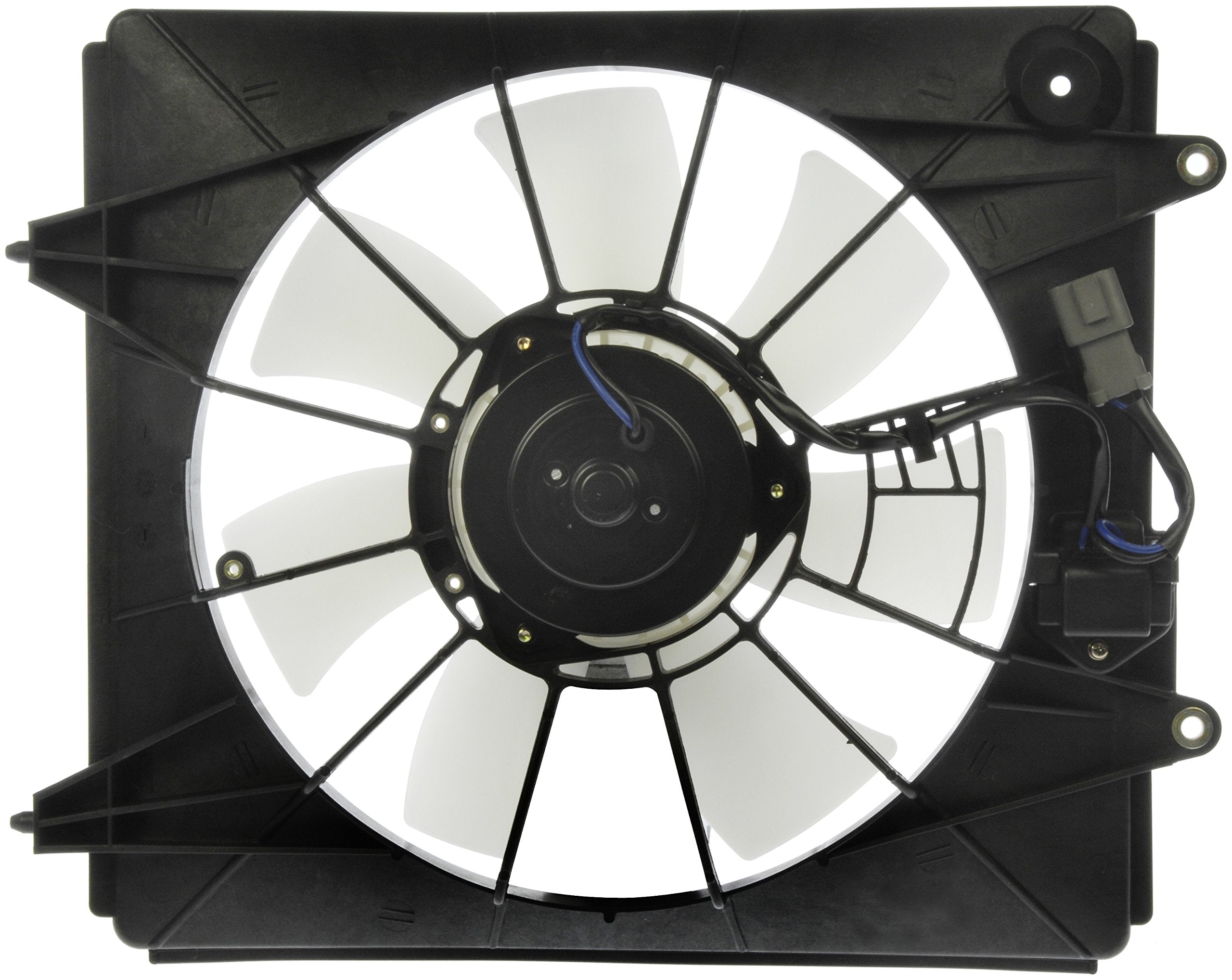 Dorman condenser fan assembly front view showing complete unit and mounting points for easy installation