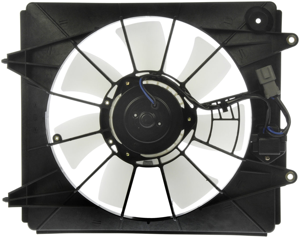 Dorman condenser fan assembly front view showing complete unit and mounting points for easy installation