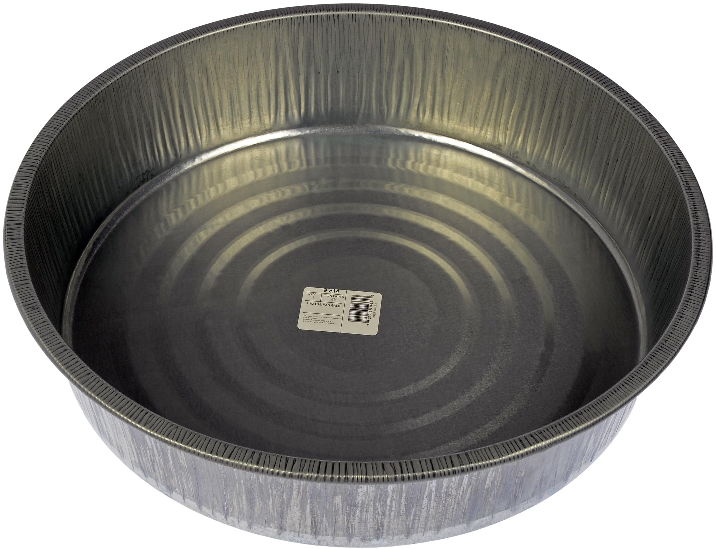 Dorman galvanized drain pan front view showing wide opening and clean capture