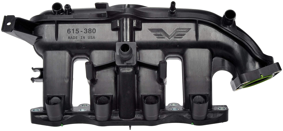 Dorman intake manifold front view showing full assembly and fit benefits