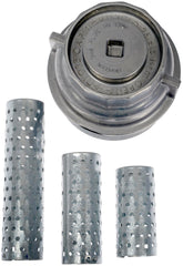 Dorman oil filter cap held in hand for scale showing compact size and easy replacement
