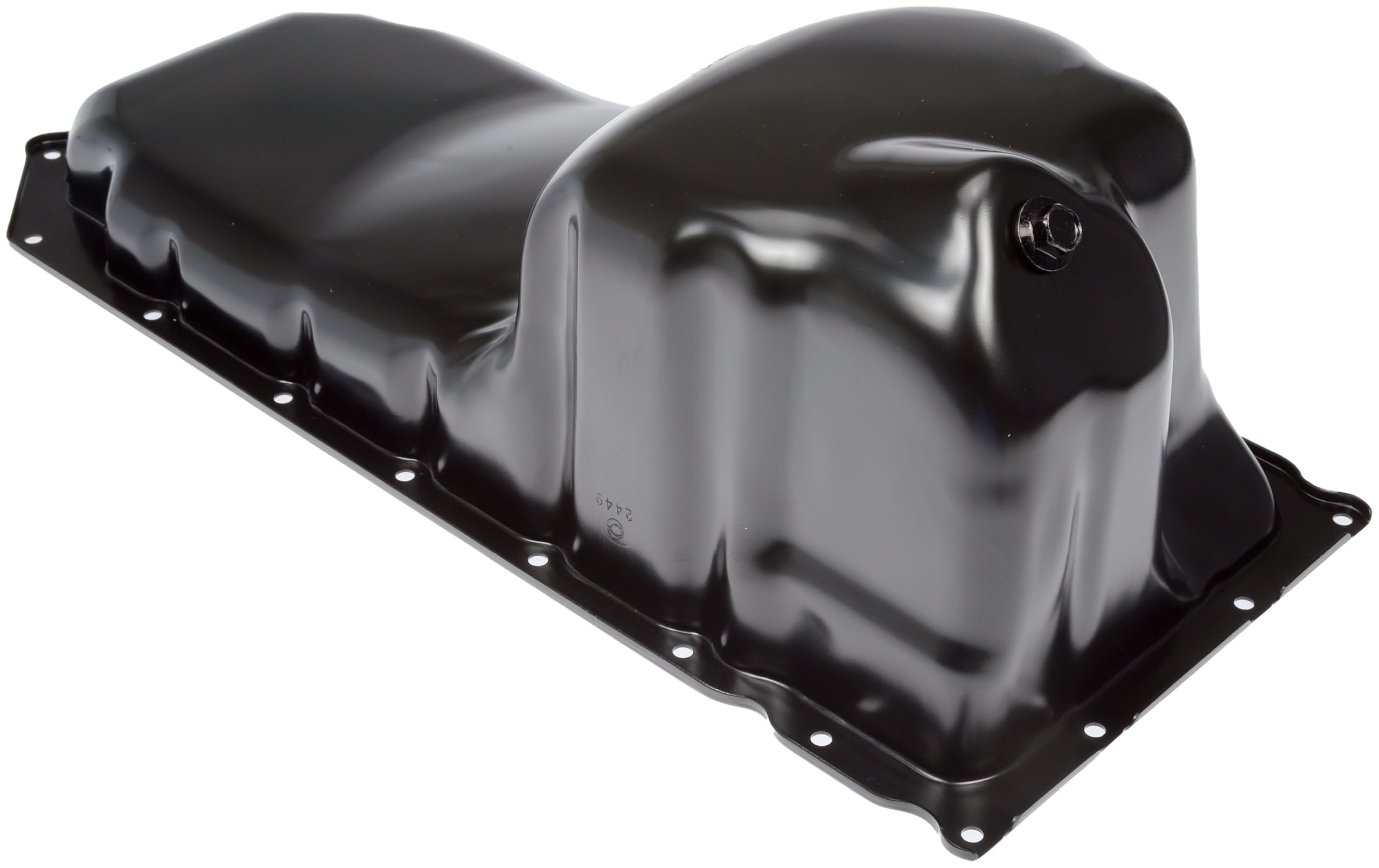 Dorman oil pan front view showing shape and mounting points for correct fit