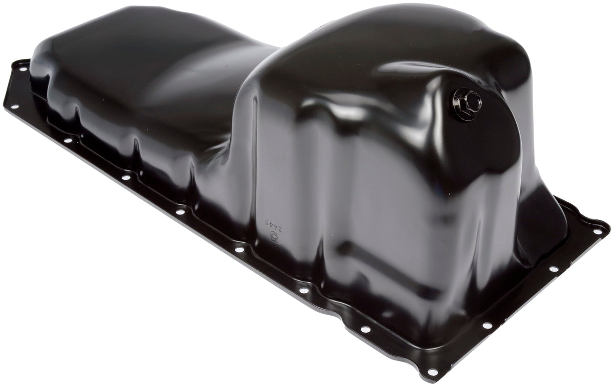 Dorman oil pan front view showing shape and mounting points for correct fit