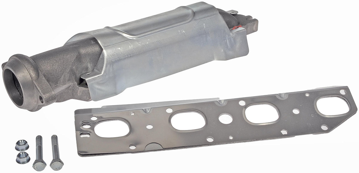 Dorman passenger-side exhaust manifold front view showing mounting points and fit benefit