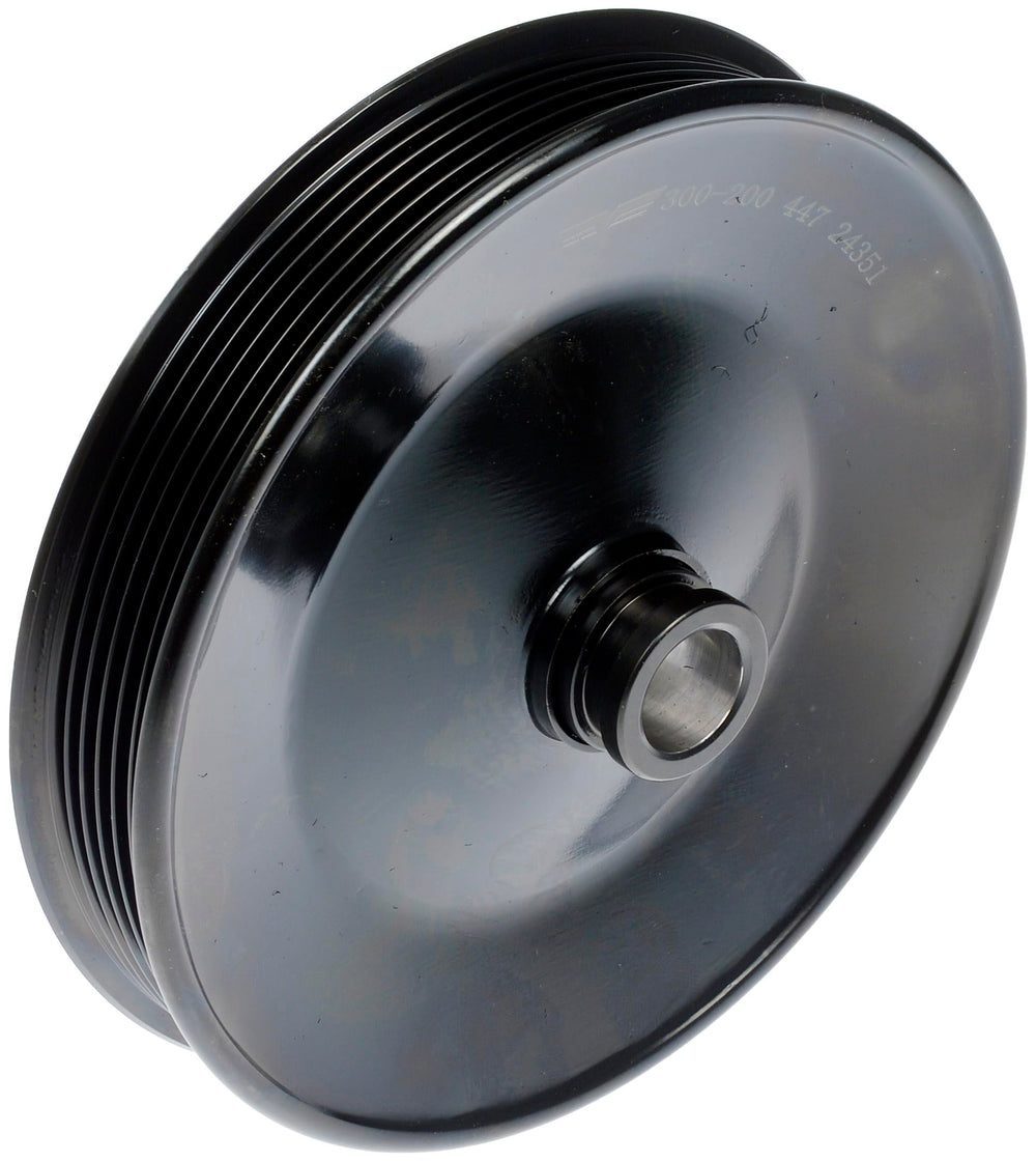 Dorman front view of pulley showing mounting holes and flange benefits correct fit