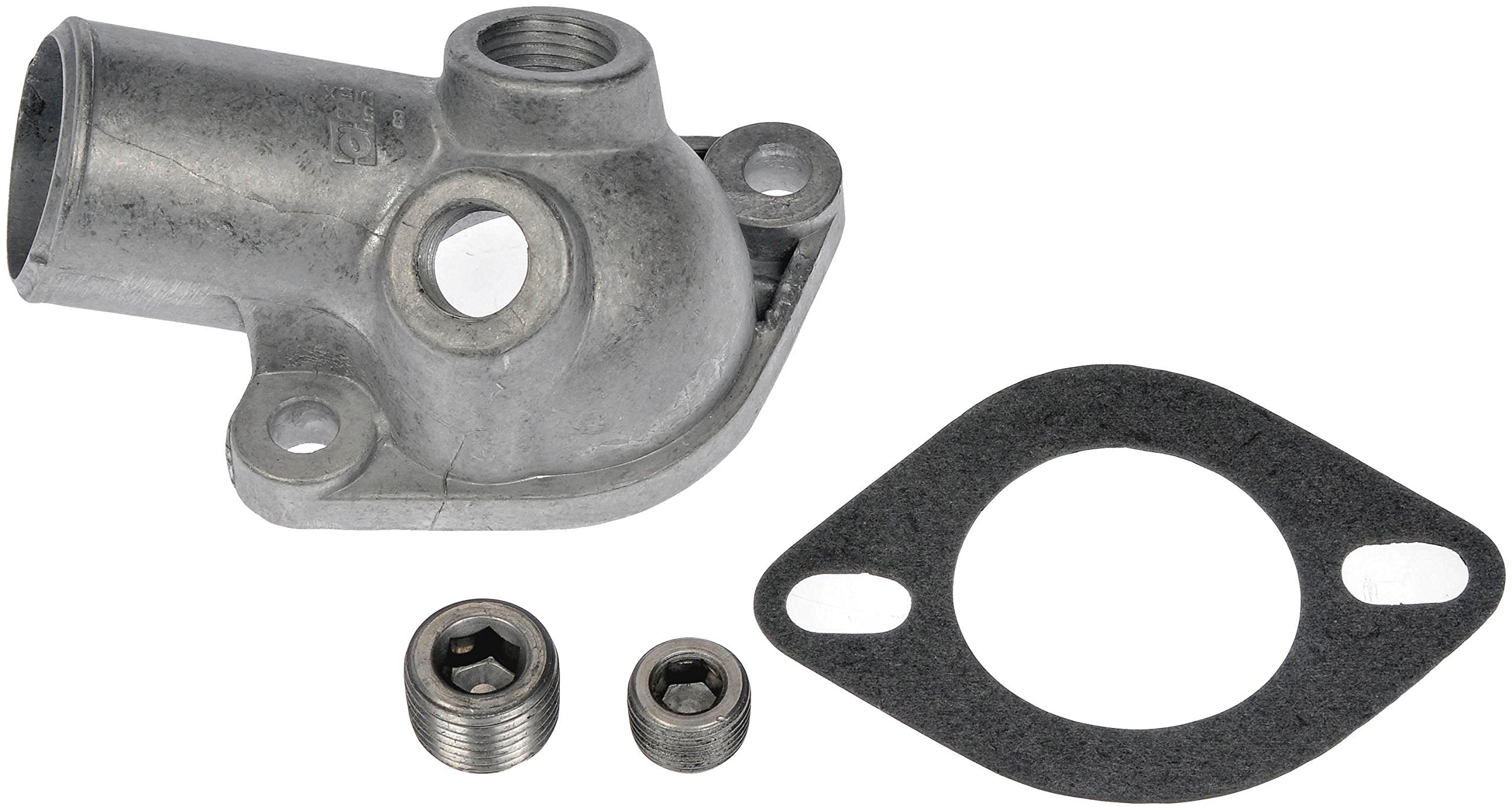 Dorman thermostat housing front view showing mounting points and fit benefits