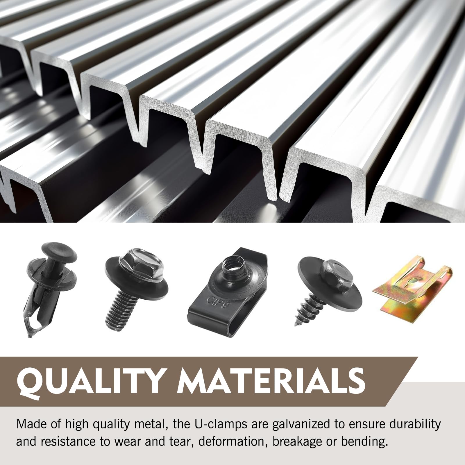 Downhill metal bolts and screws arranged to show threading and corrosion-resistant plating for secure fastening