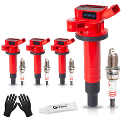DOWYTA front packaging showing four coils and four spark plugs for direct-fit replacement