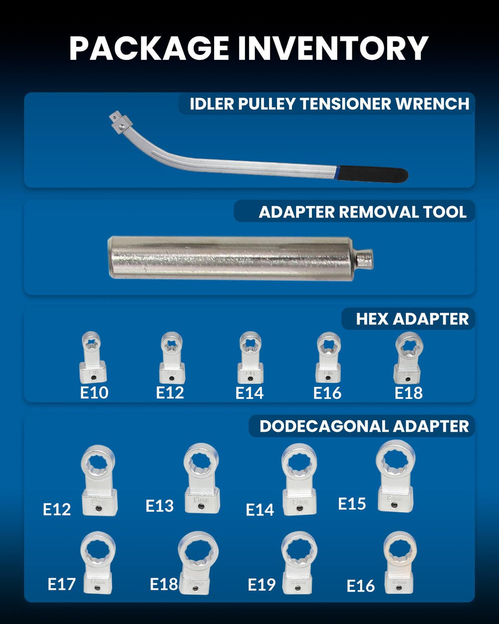 DPTOOL assorted hex and dodecagonal adapters laid out for quick size selection benefit