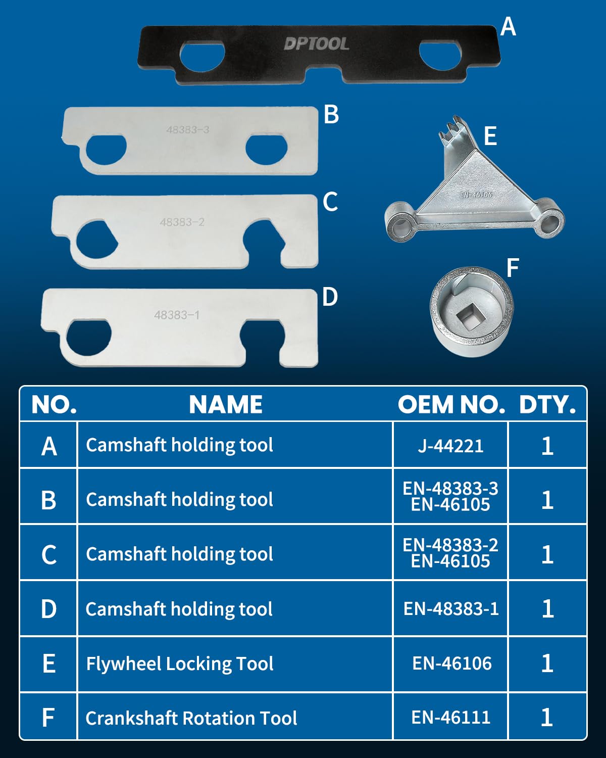 DPTOOL close-up of camshaft locking tools demonstrating precise fit and alignment benefit