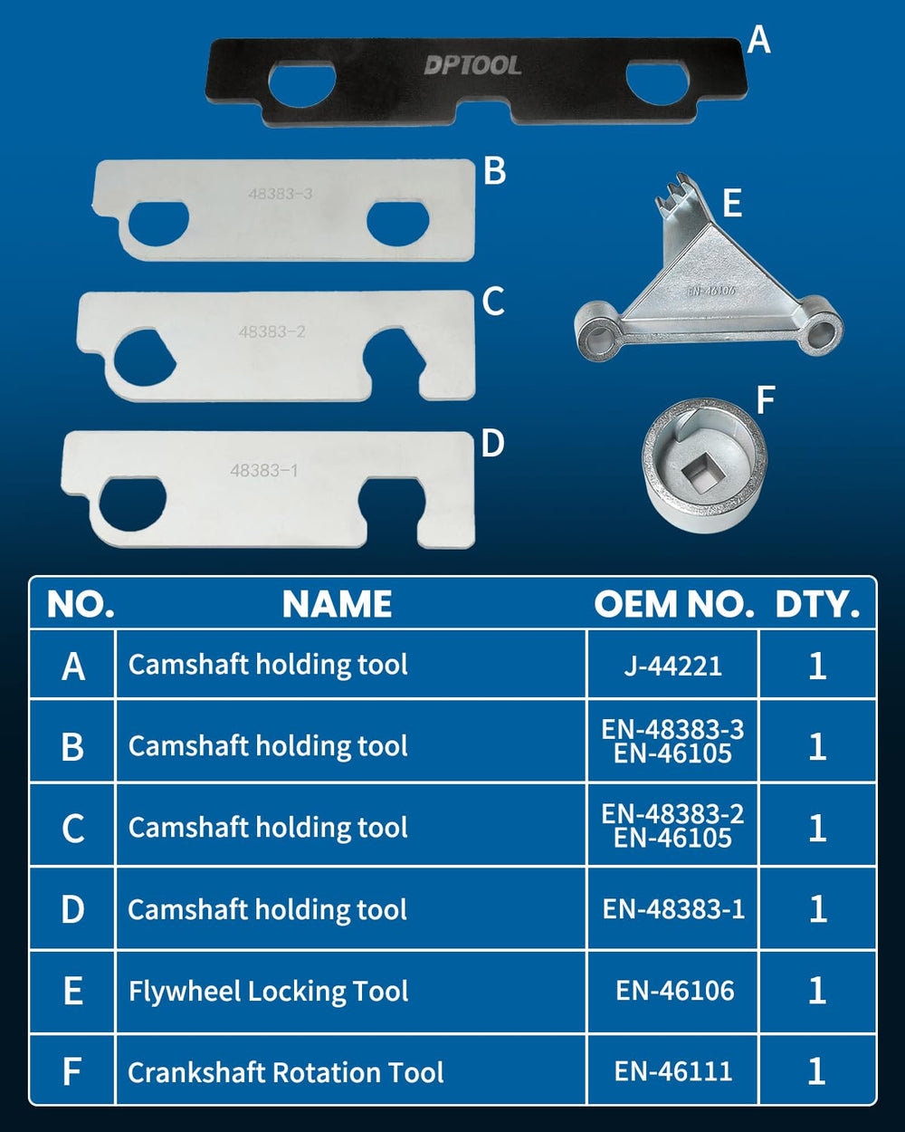 DPTOOL close-up of camshaft locking tools demonstrating precise fit and alignment benefit