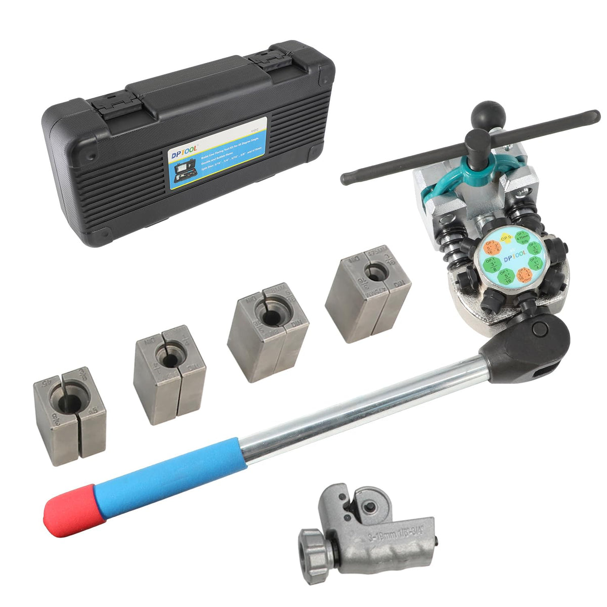 DPTOOL flaring tool front view showing compact bench-mounted design and precise alignment