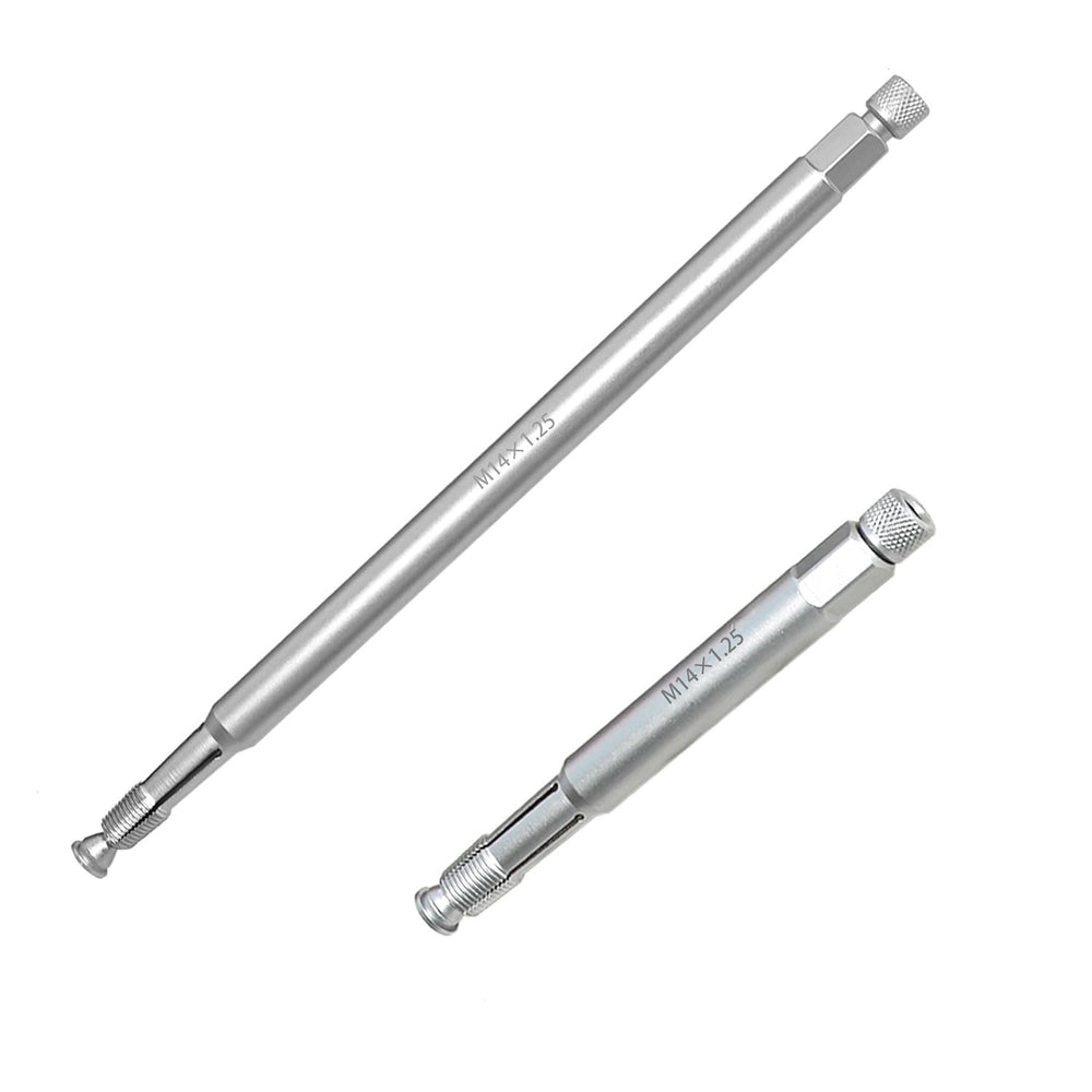 DPTOOL front view of 14mm M14x1.25 thread chaser kit showing included lengths and case benefits