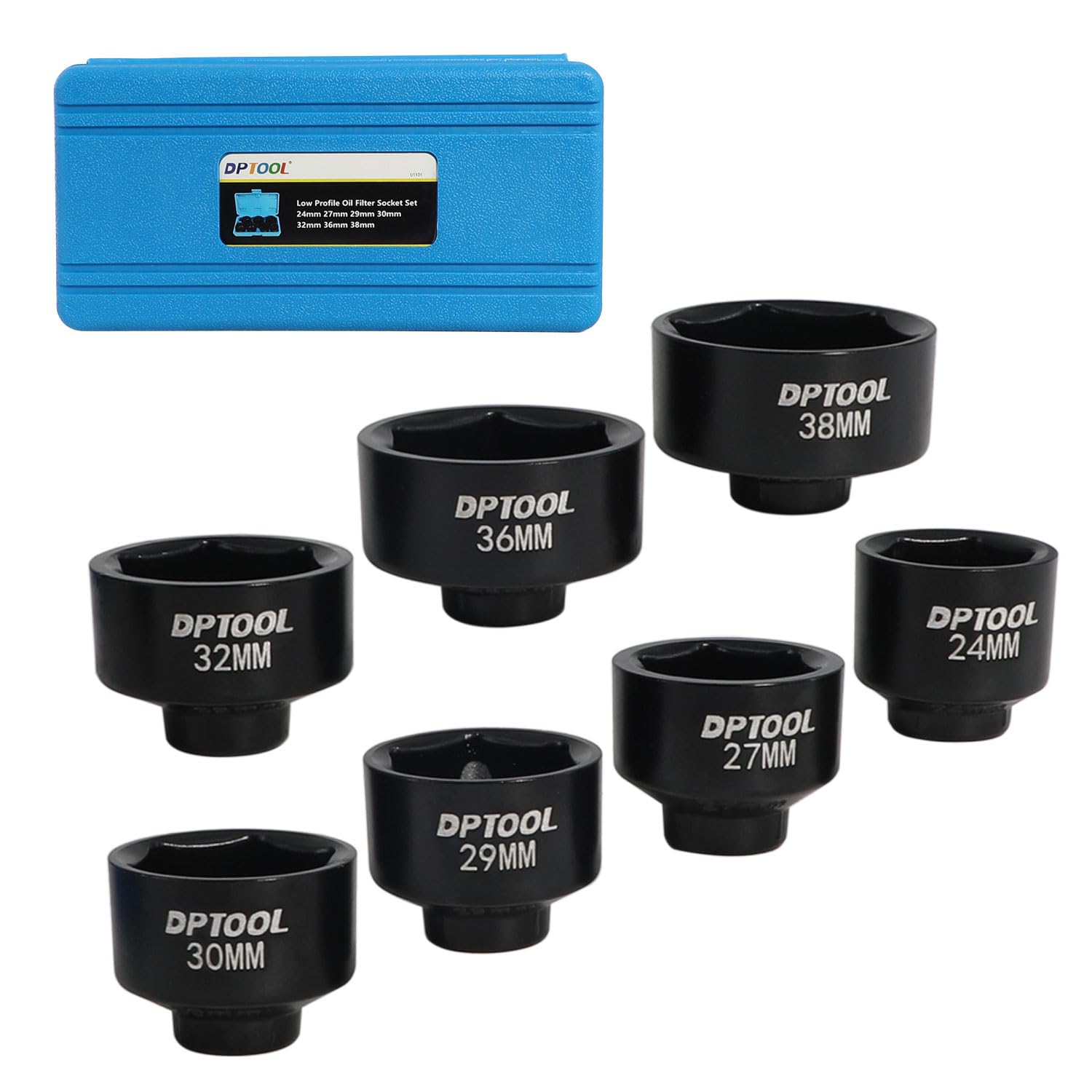 DPTOOL front packaging showing full 7-piece socket set and storage case for organized storage