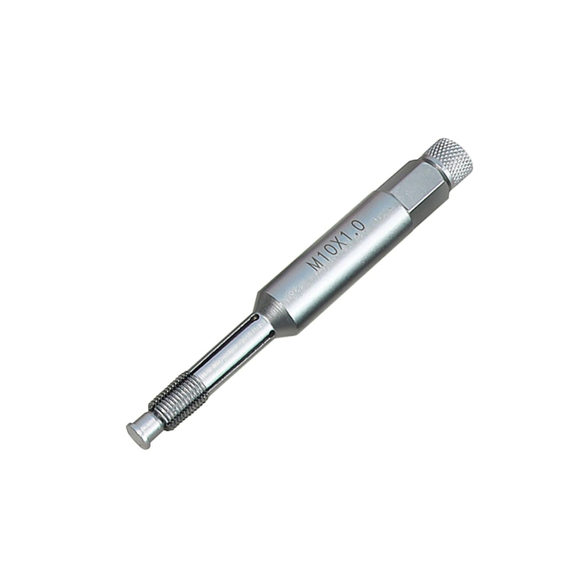 DPTOOL front view of M10x1.0 chaser showing precise cutting geometry and quick repair benefit