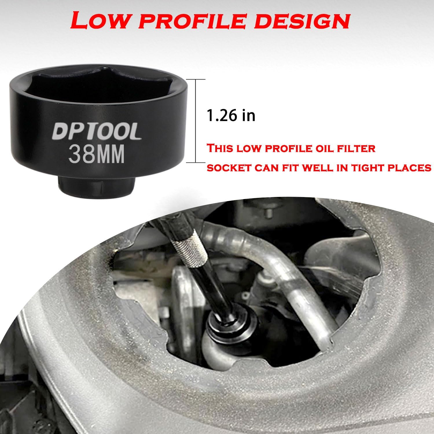 DPTOOL socket fitted onto oil filter cap in engine bay speeding removal and installation