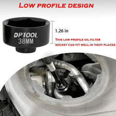 DPTOOL socket fitted onto oil filter cap in engine bay speeding removal and installation