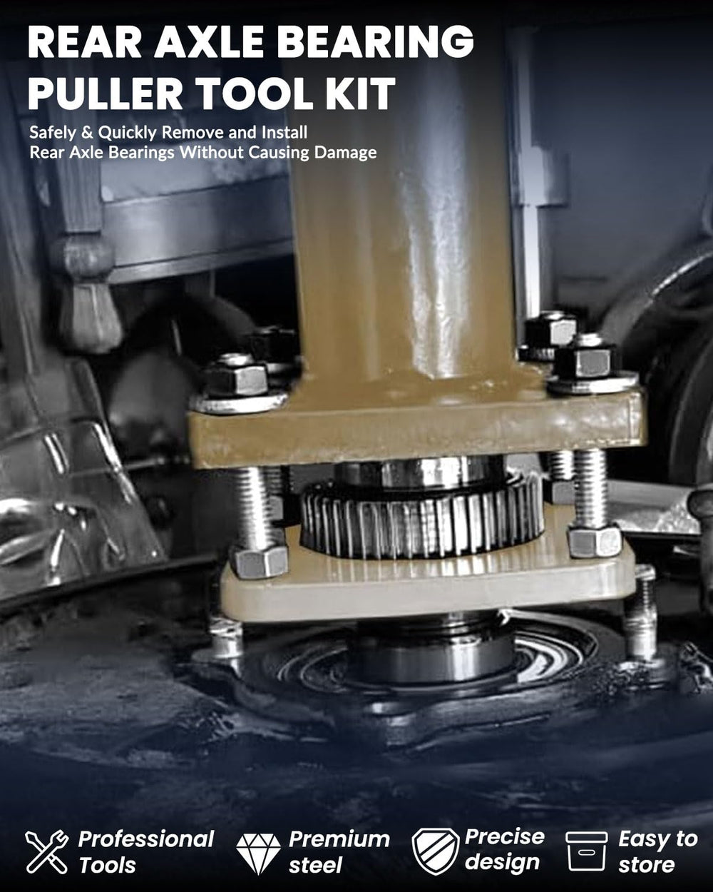 DPTOOL kit installed on shop press for safe, even bearing removal