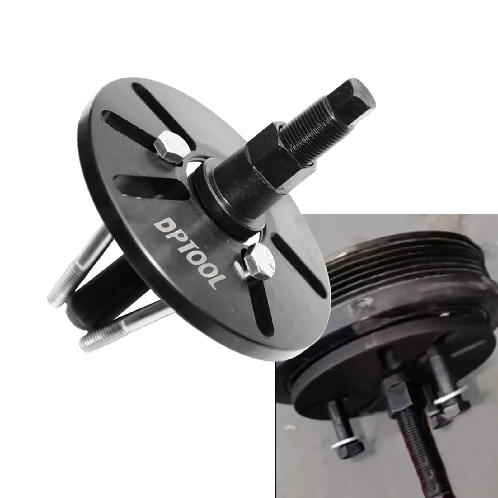 DPTOOL puller mounted on an engine pulley illustrating safe, even extraction