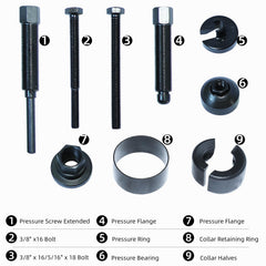DPTOOL components laid out showing bolts, rings, collars and pressure parts