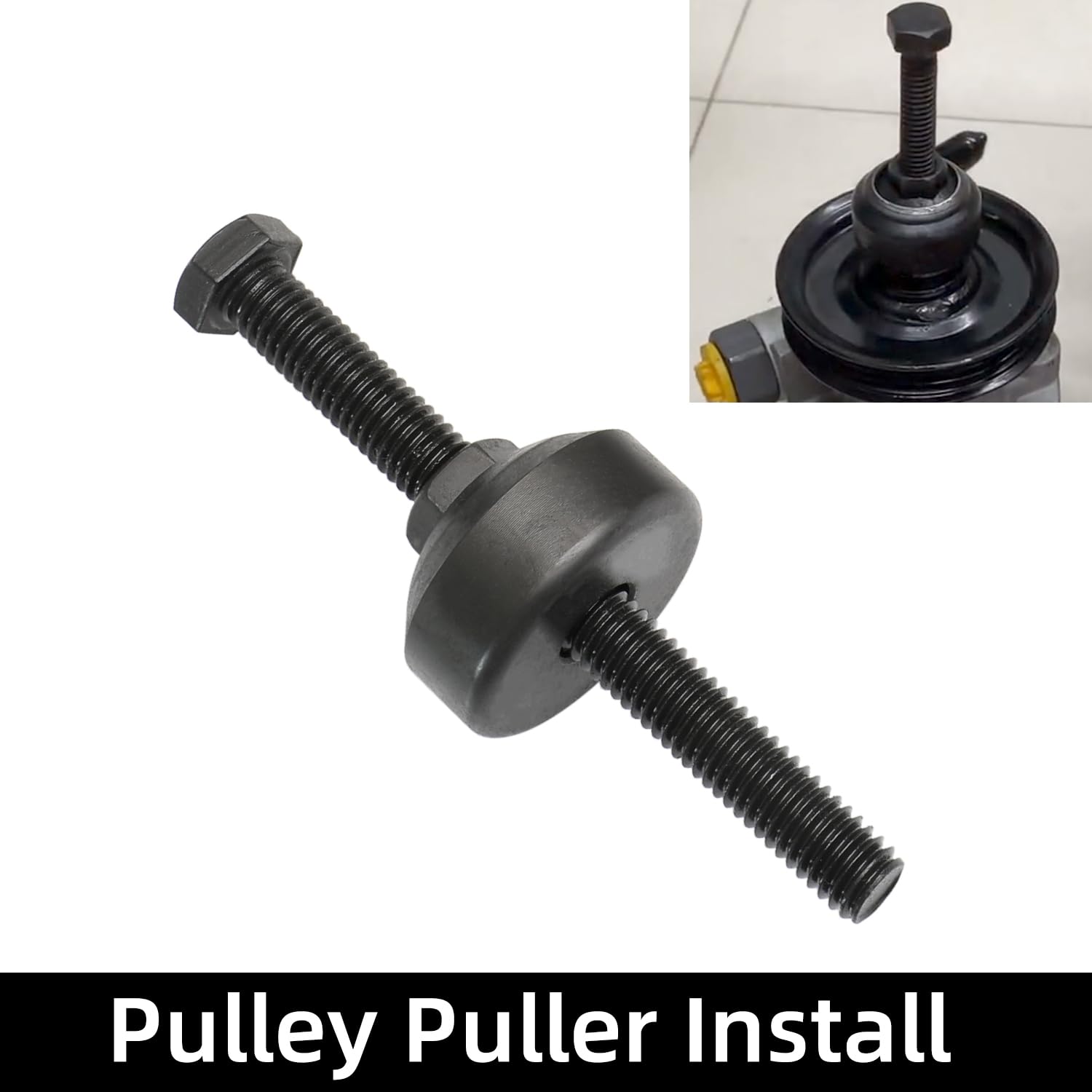 DPTOOL tool installed on power steering pump showing safe pulley removal