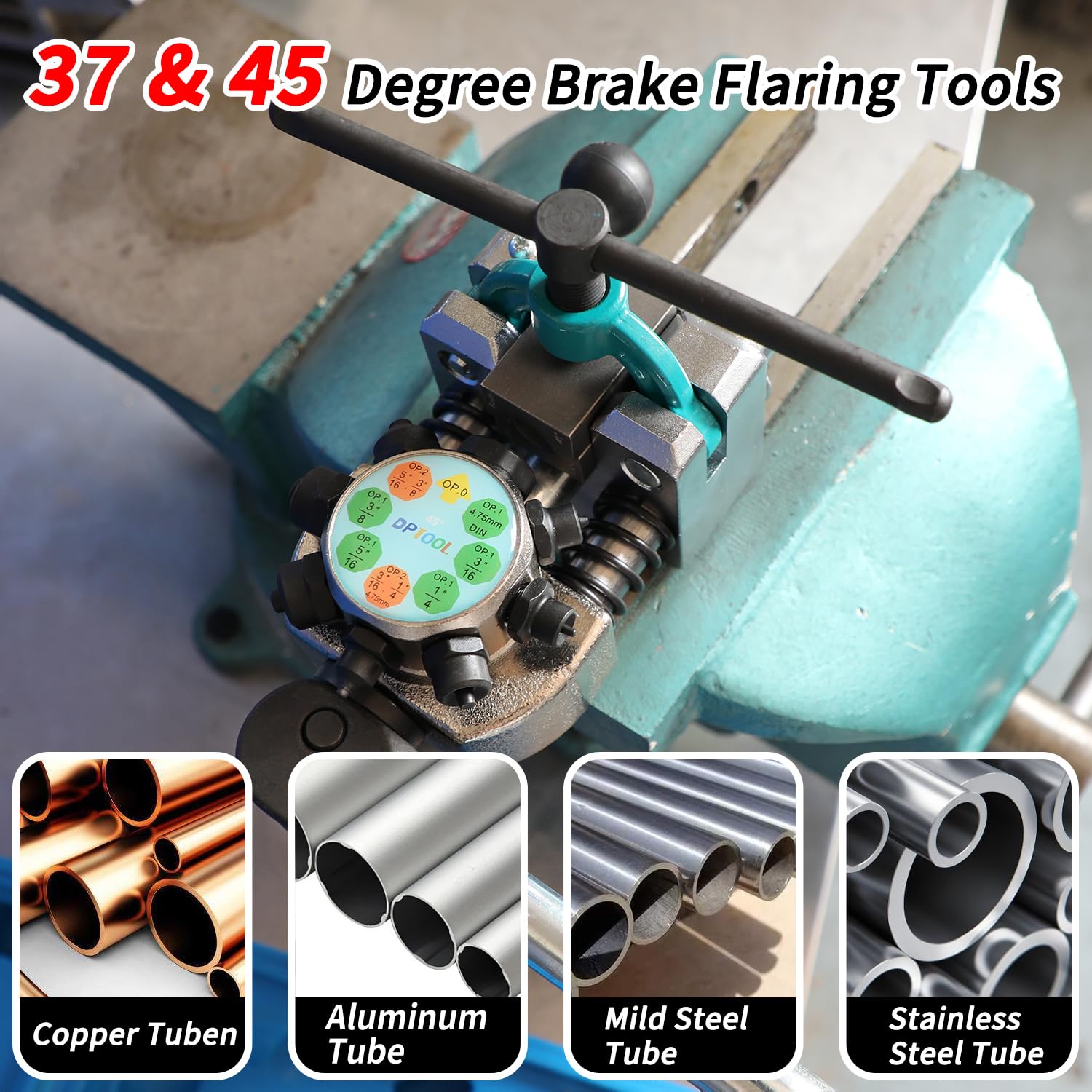 DPTOOL rotating die heads close-up showing 37° and 45° heads for versatile flaring