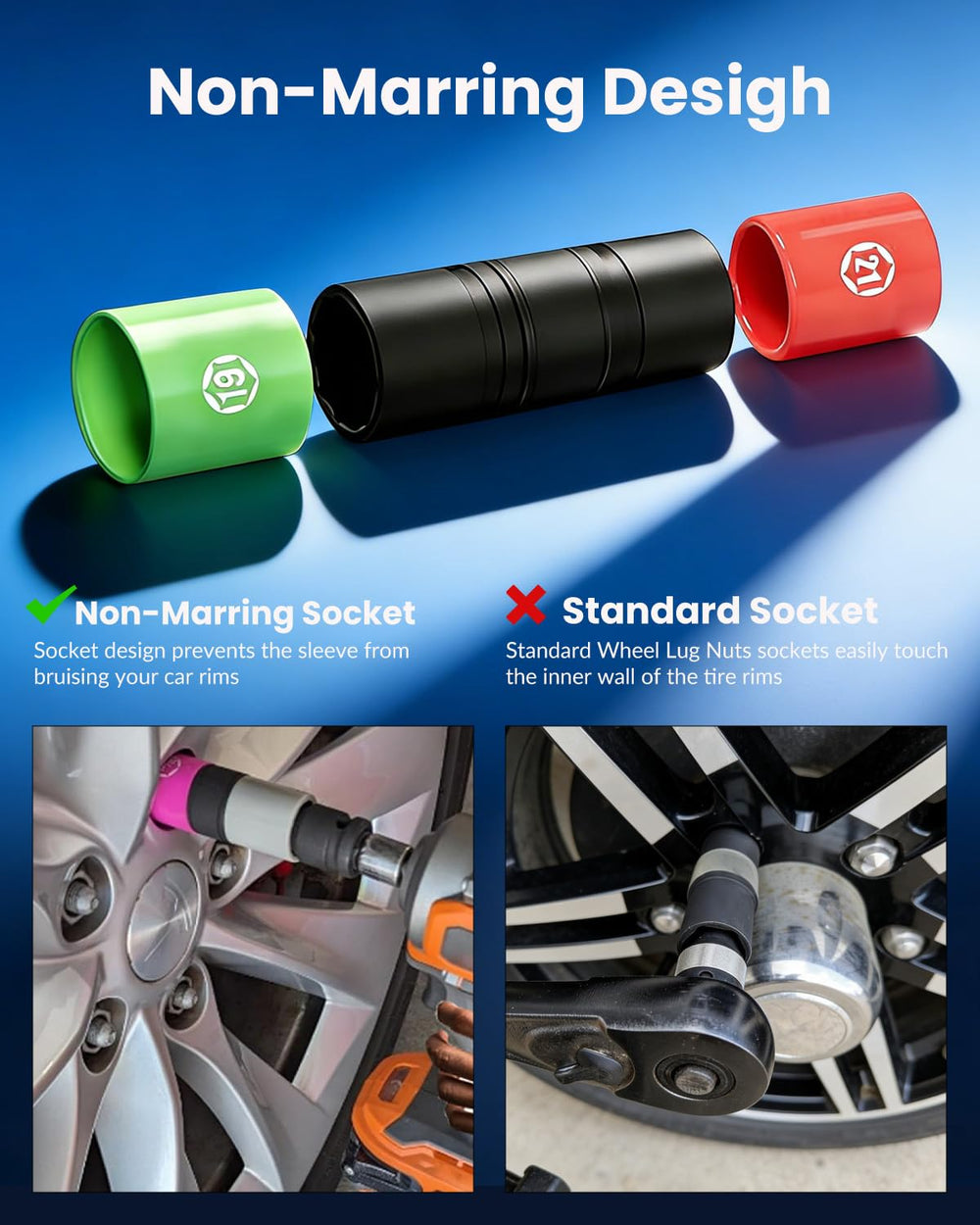 DPTOOL sockets beside ruler showing compact half-size scale and portability