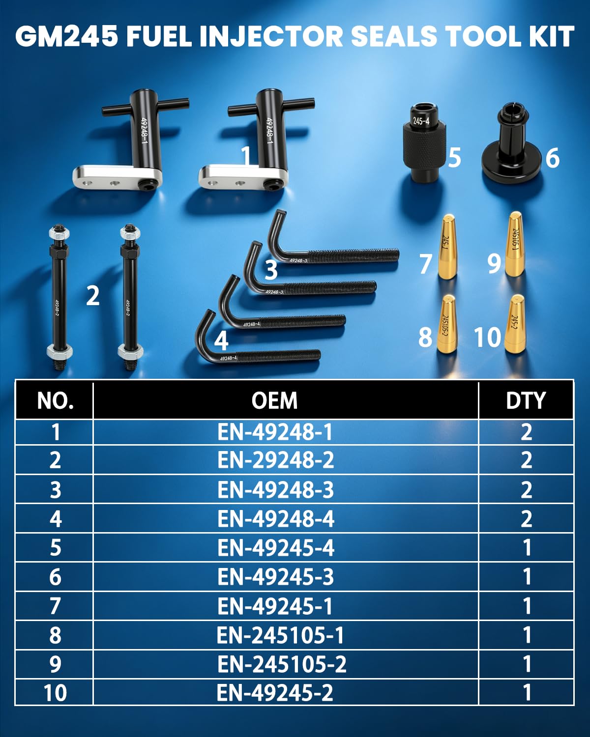 DPTOOL seal installer guides and adapters laid out for quick identification and selection