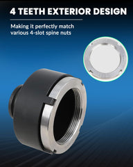 DPTOOL socket mounted on axle nut demonstrating correct engagement and safety