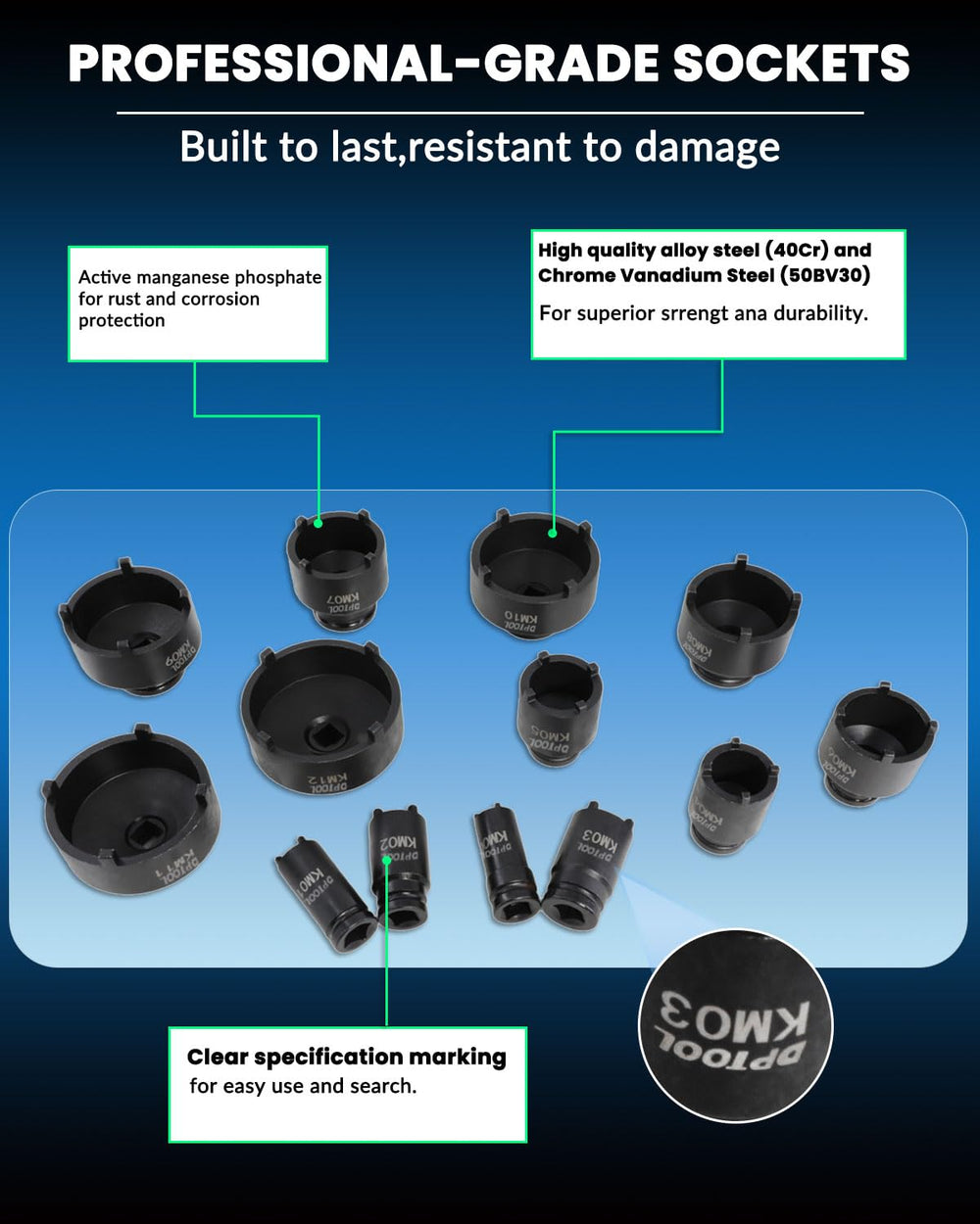 DPTOOL sockets arranged in molded carrying case for tidy transport and protection