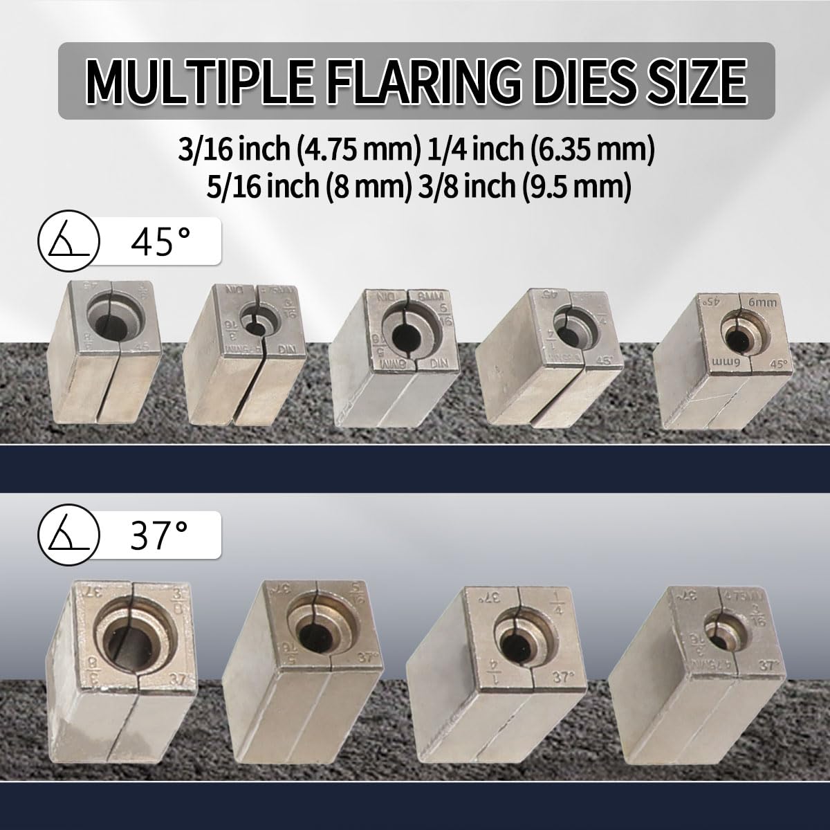 DPTOOL split dies close-up laid out by size for quick selection and accurate positioning