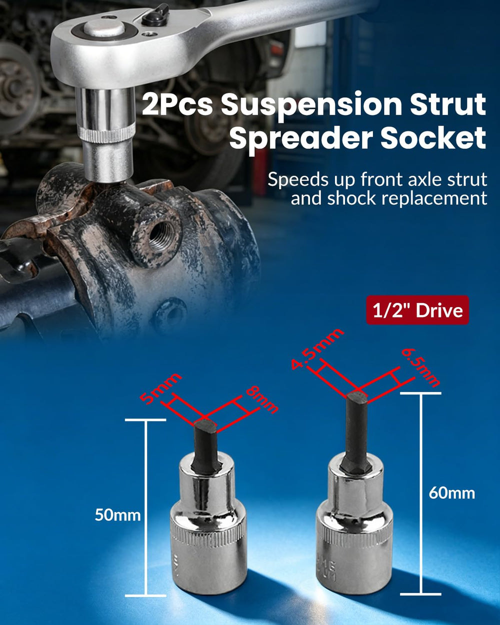 DPTOOL detailed view of suspension strut spreader socket showing durable chrome vanadium construction benefit