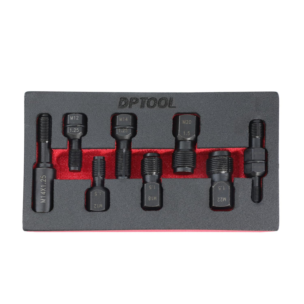 DPTOOL front-case view showing organized thread chaser set and portability benefit