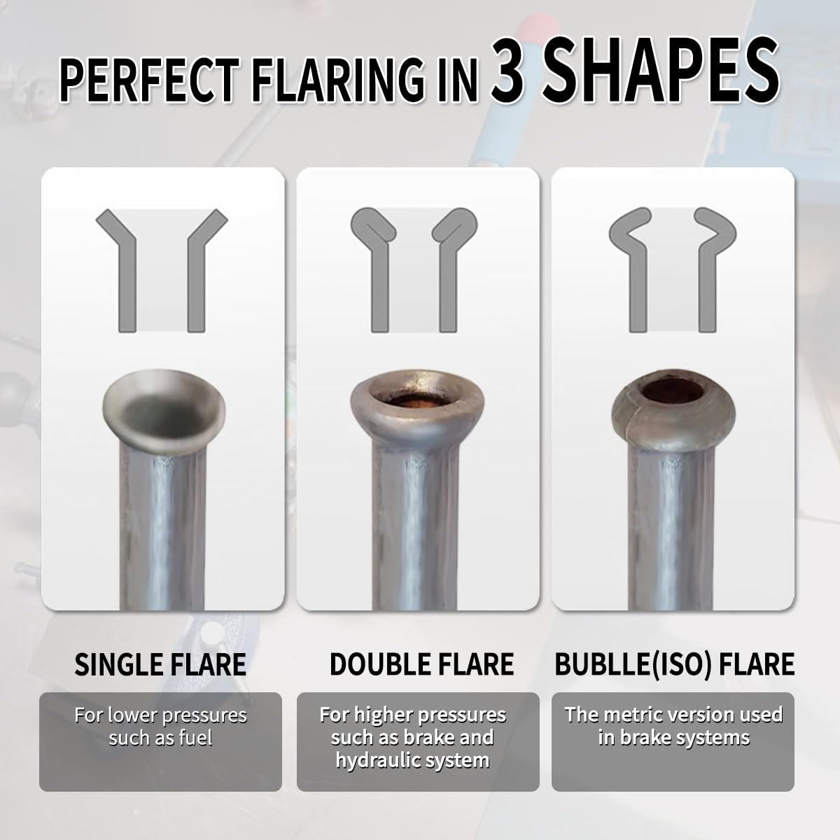 DPTOOL tool mounted in vise demonstrating stable setup for accurate, leak-resistant flares
