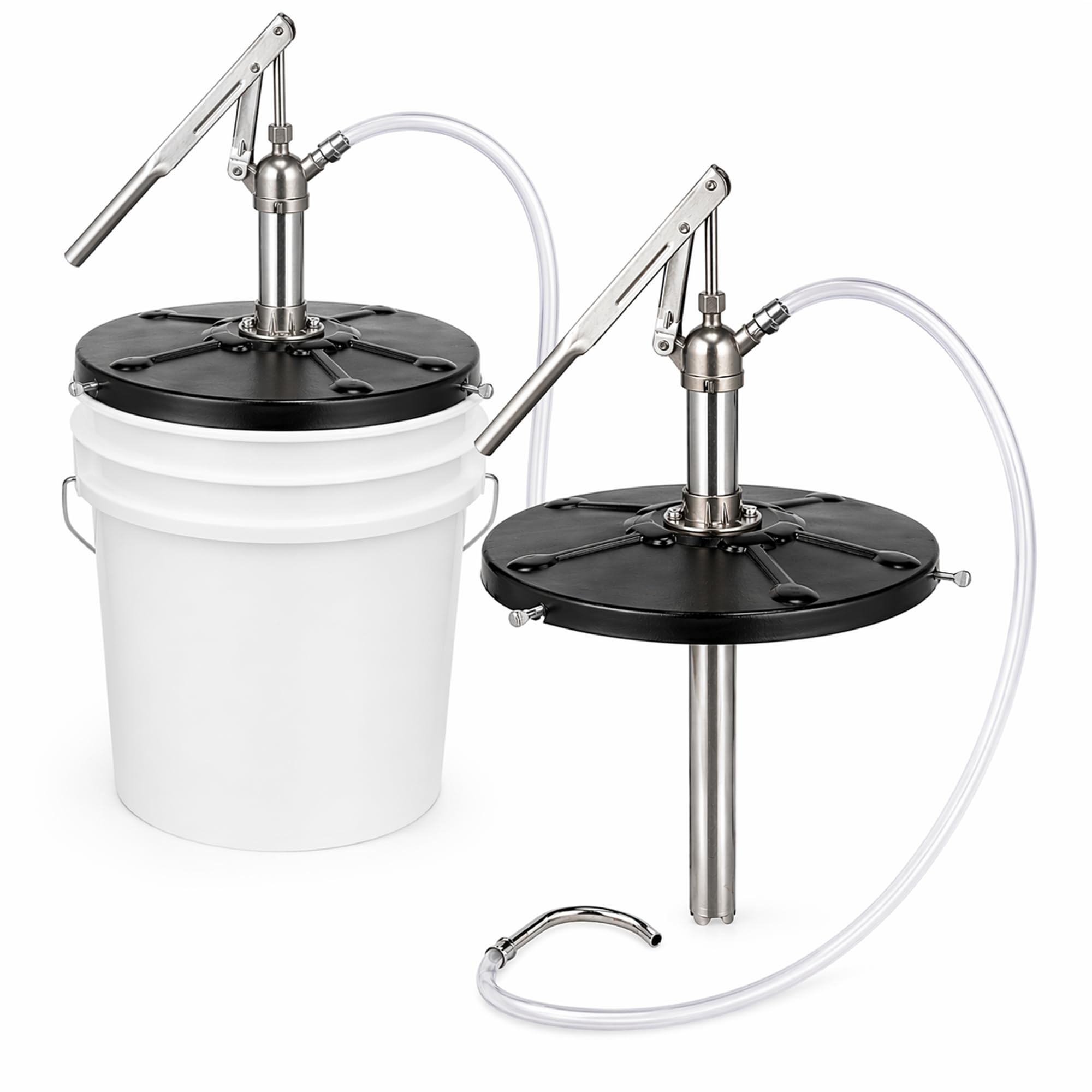 DR. tuer pump front view mounted on a 5-gallon pail showing secure fit and easy access