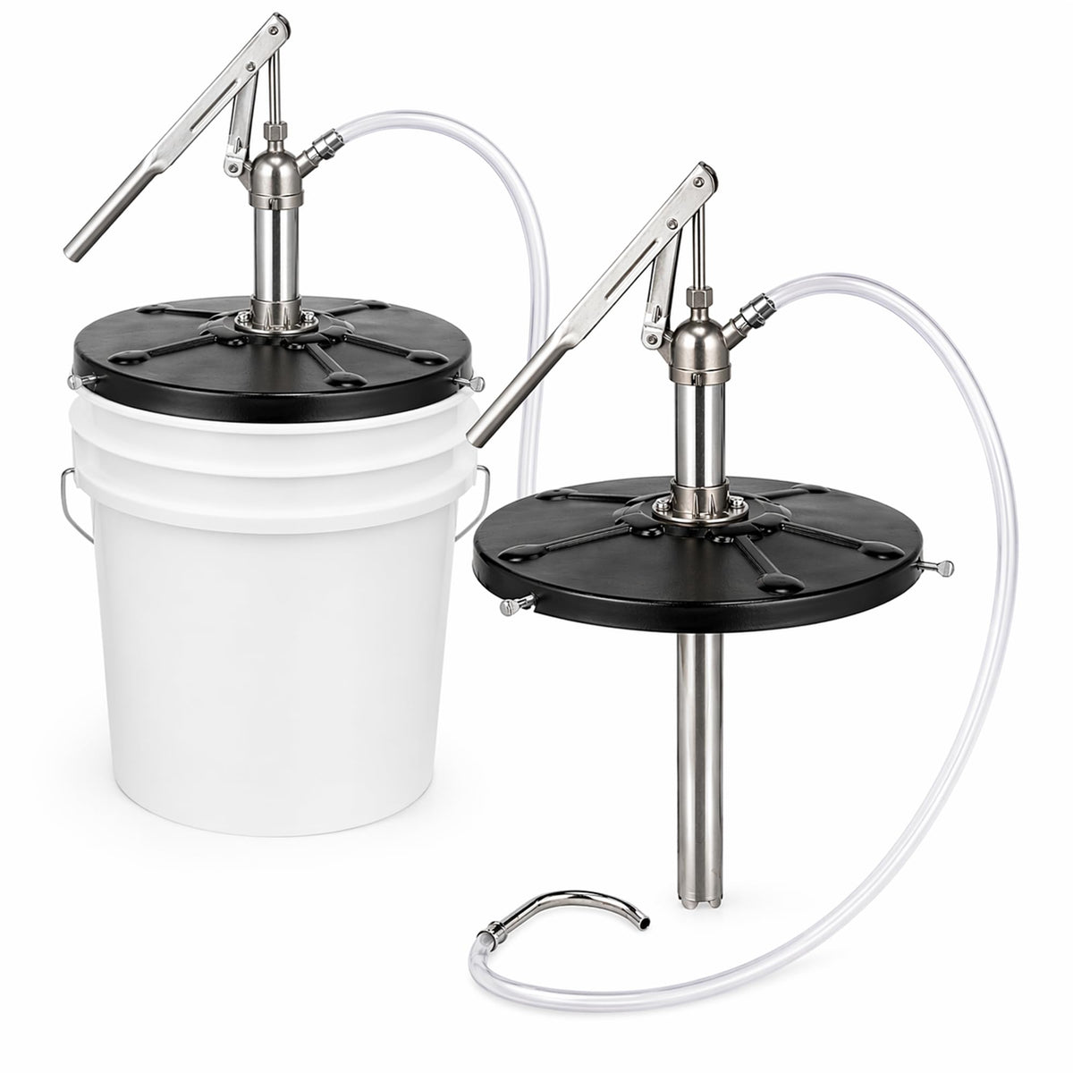 DR. tuer pump front view mounted on a 5-gallon pail showing secure fit and easy access