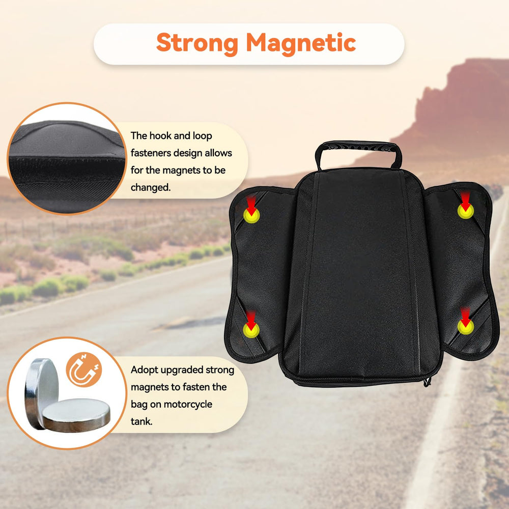 Dracarys mounted on steel motorcycle tank for secure riding storage
