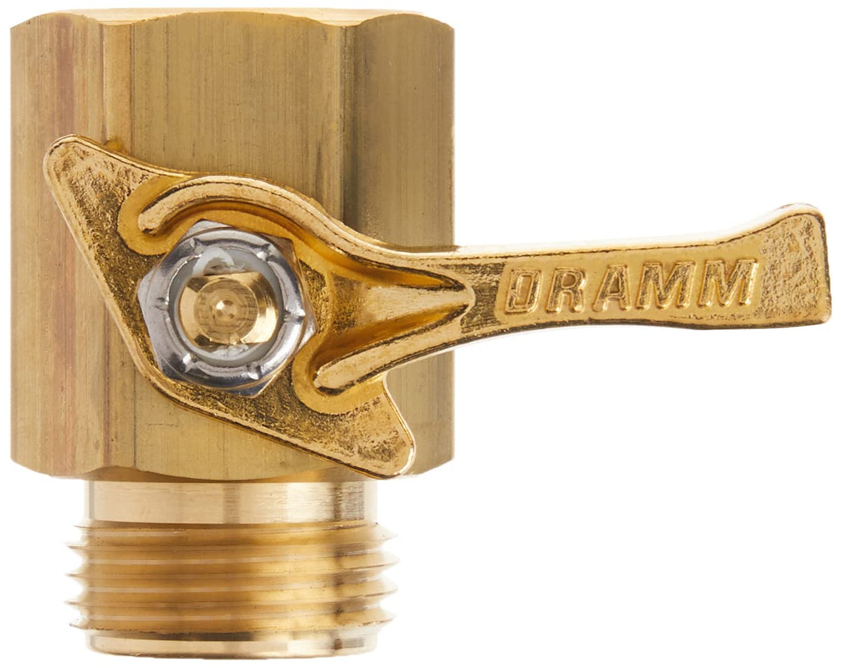 Dramm brass shut-off valve front view showing solid body and handle for durability