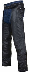 Dream Apparel front view of black chaps showing fit and protection